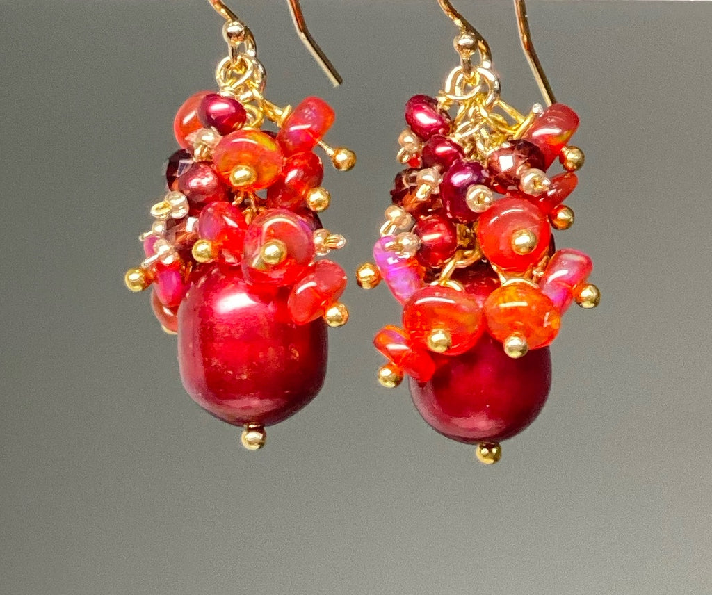 Red Freshwater Pearl Garnet and Opal Gemstone Cluster Earrings