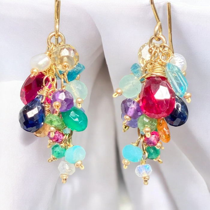 Rainbow Gemstone Cluster Dangle Earrings with Pink Red Topaz Gold Fill