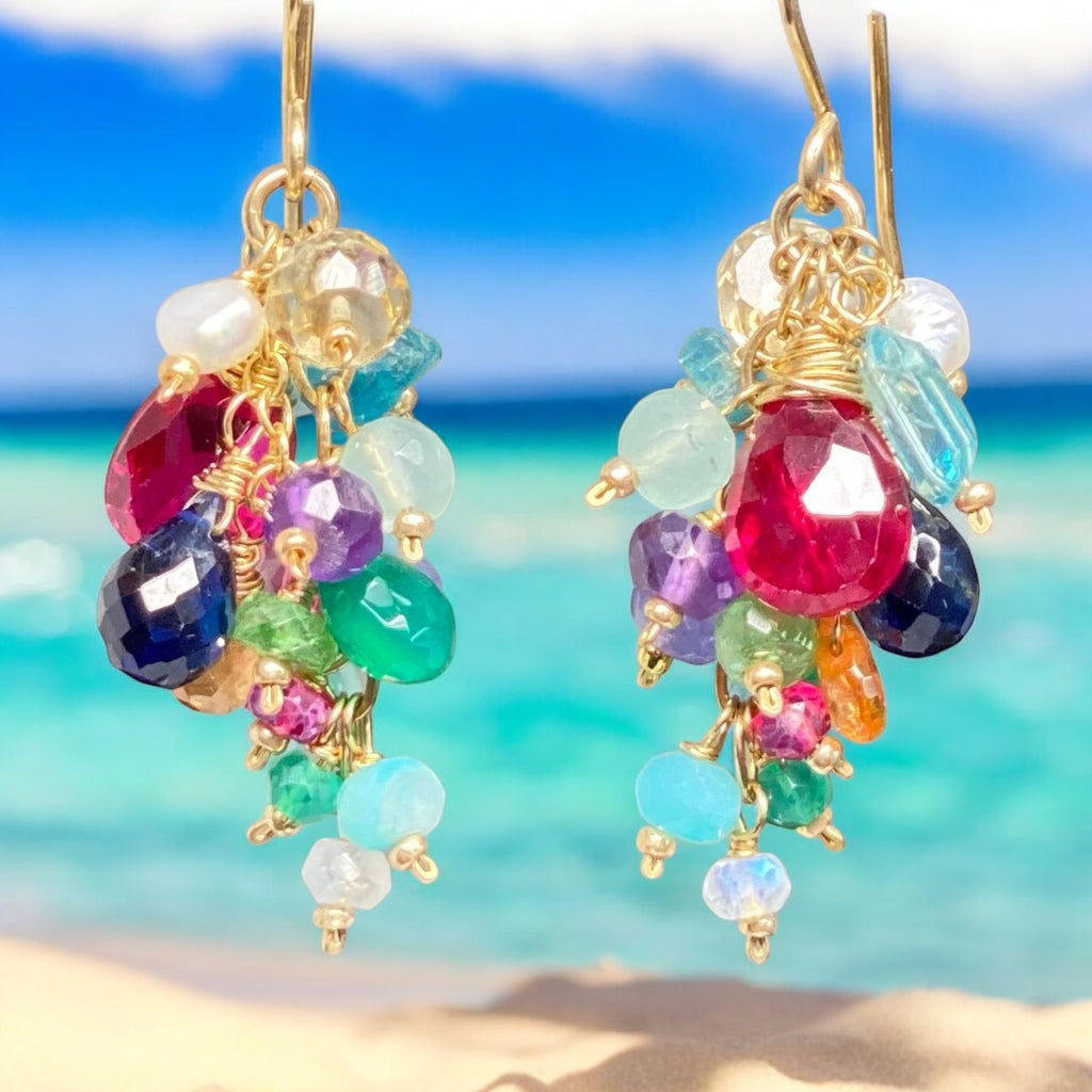 Rainbow Gemstone Cluster Dangle Earrings with Pink Red Topaz Gold Fill