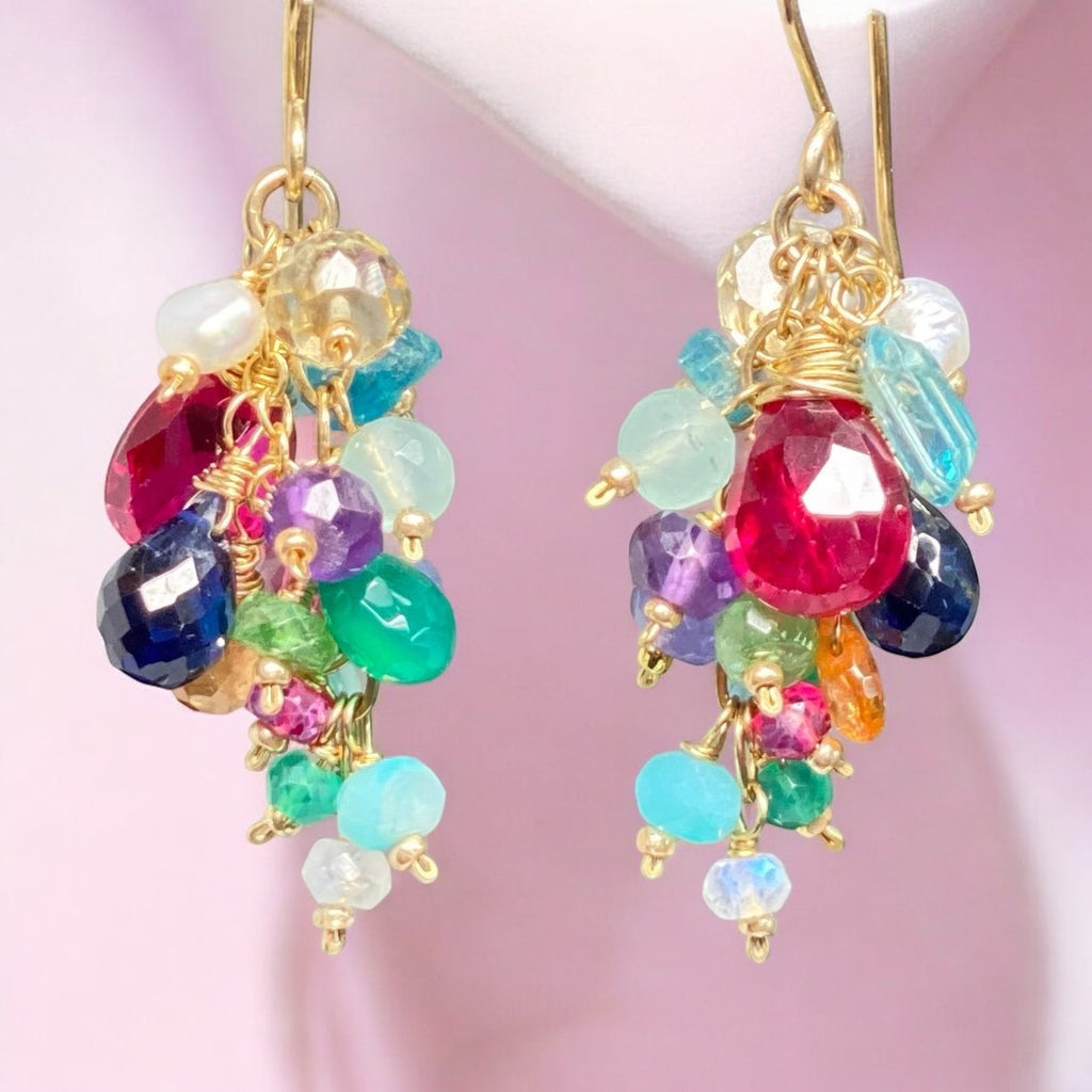 Rainbow Gemstone Cluster Dangle Earrings with Pink Red Topaz Gold Fill