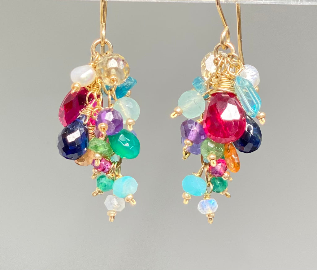 Rainbow Gemstone Cluster Dangle Earrings with Pink Red Topaz Gold Fill