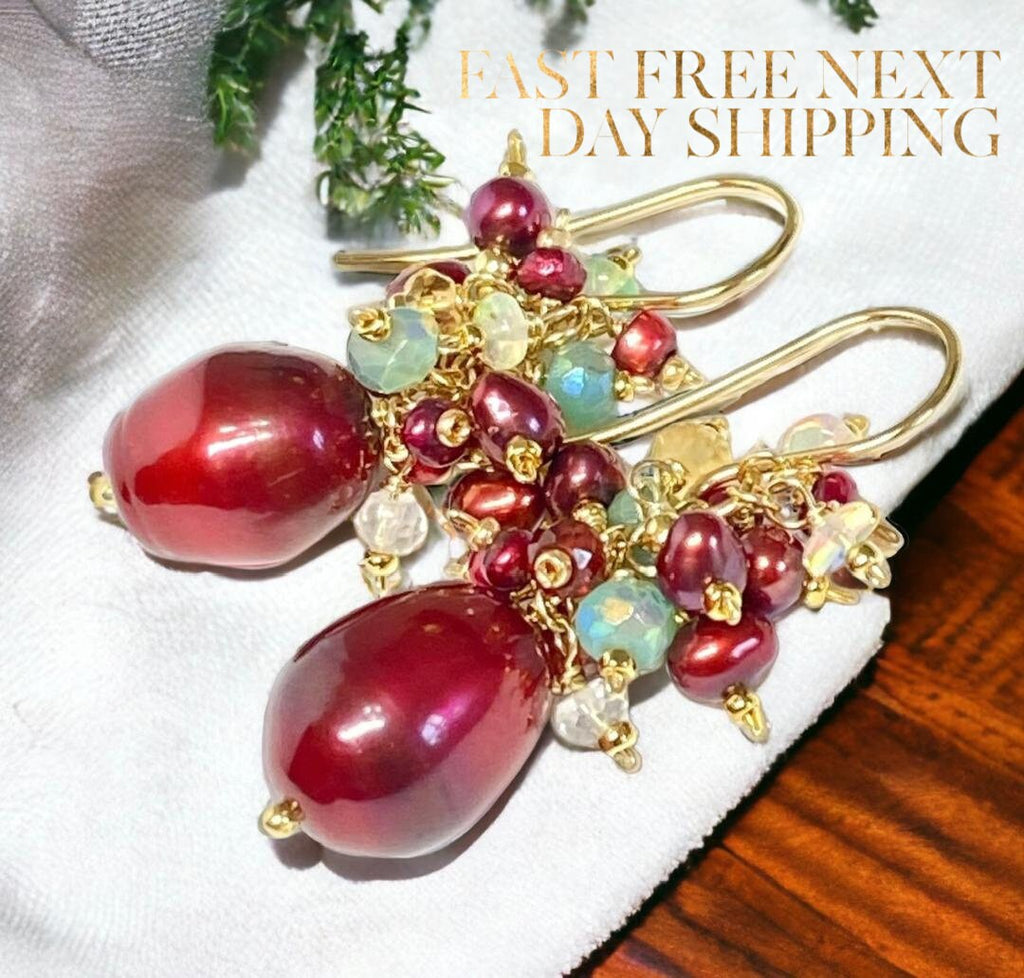 Red Pearl Gemstone Cluster Earrings, Gold Fill