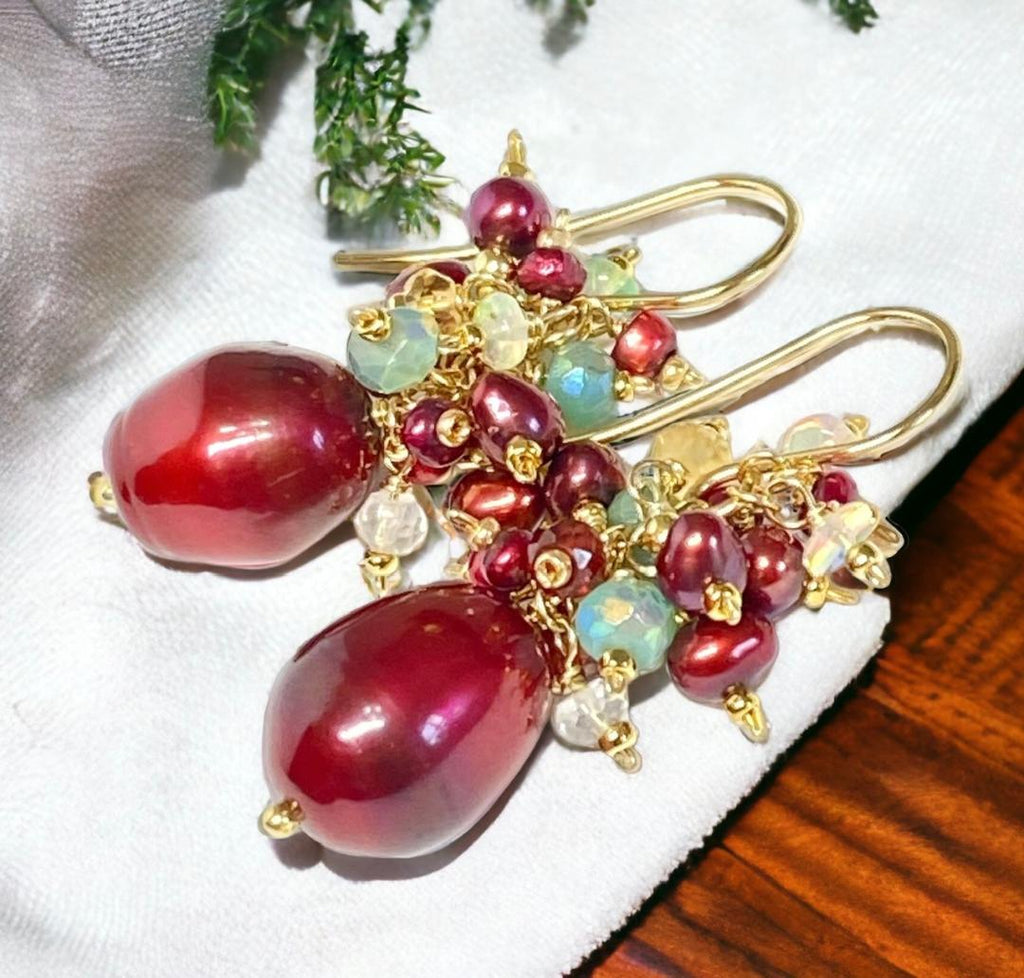 Red Pearl and Gemstone Cluster Earrings, Gold, Christmas Earrings