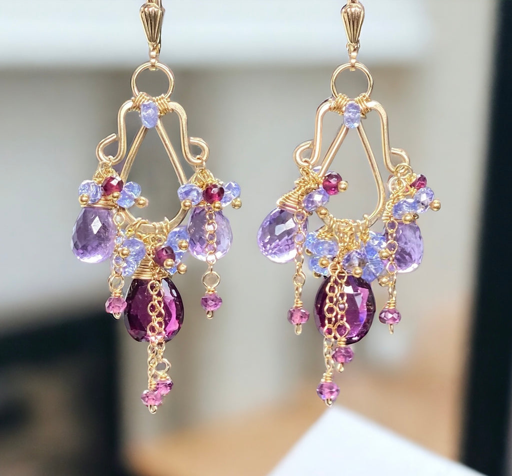 Garnet Amethyst Tanzanite Gold Multicolor Chandelier Earrings