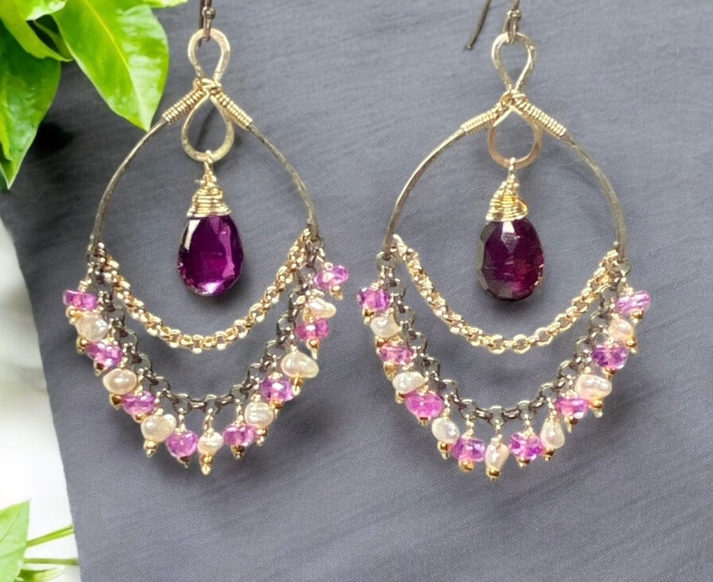 Rhodolite Garnet Chandelier Earrings with Sapphires in Mixed Metals 2