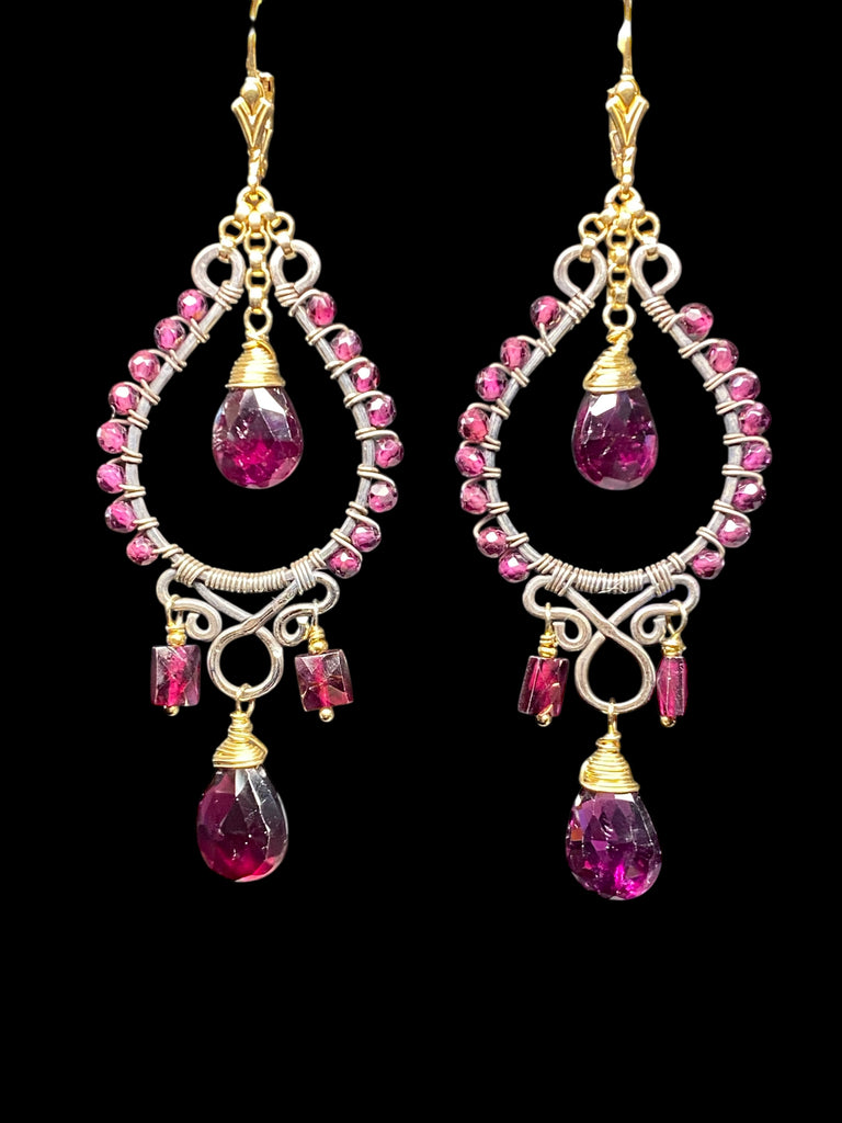 Rhodolite Garnet Chandelier Earrings Mixed Metal Boho Style Oxidized Silver Gold Fill