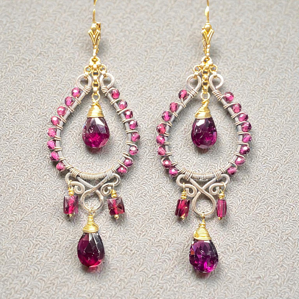 Rhodolite Garnet Chandelier Earrings Mixed Metal Boho Style Oxidized Silver Gold Fill
