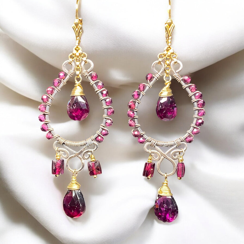 Rhodolite Garnet Chandelier Earrings Mixed Metal Boho Style Oxidized Silver Gold Fill