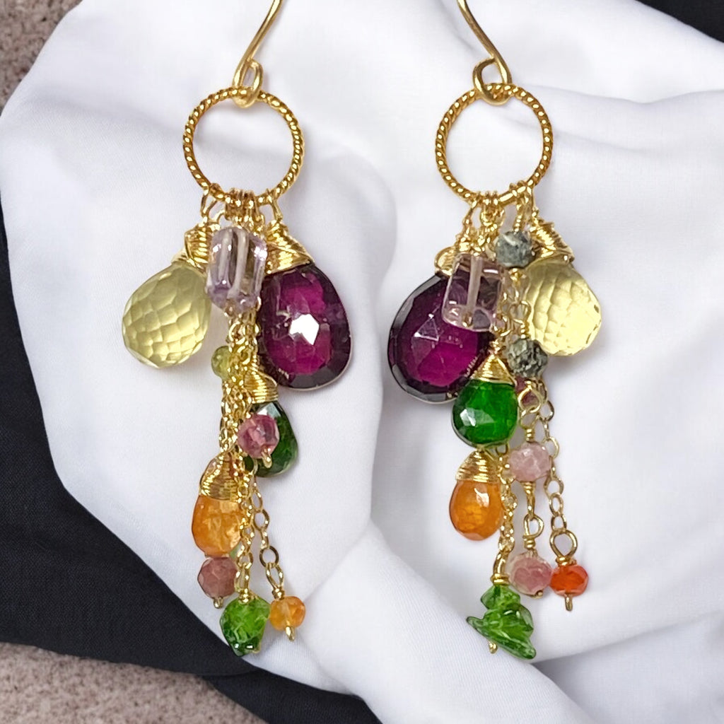 Multicolor Gemstone Gold Dangle Earrings Rhodolite Garnet, Lemon Quartz