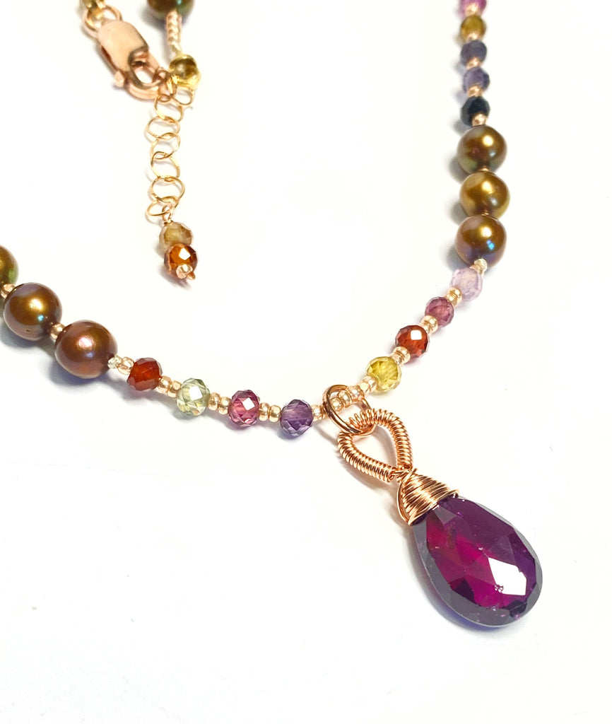 Rhodolite Garnet and Pearl Silk Knotted Necklace 2