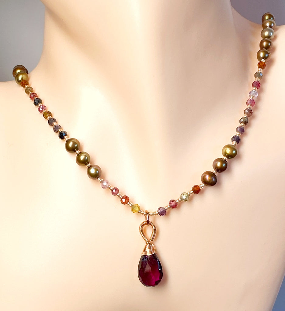 Rhodolite Garnet and Pearl Silk Knotted Necklace 2