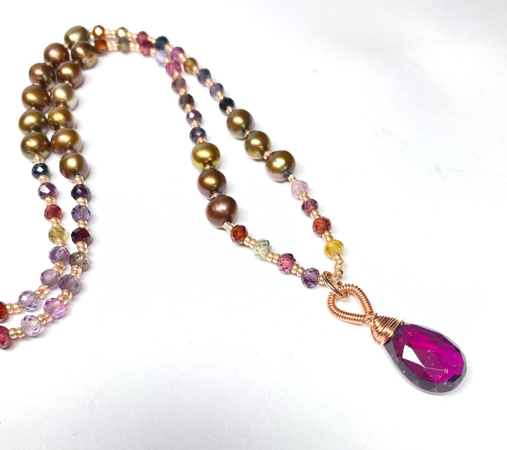 Rhodolite Garnet and Pearl Silk Knotted Necklace 2