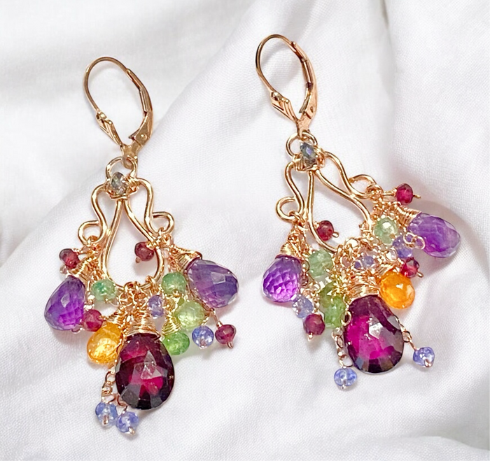 Rose Gold Chandelier Earrings Rhodolite Garnet Amethyst Lever Back