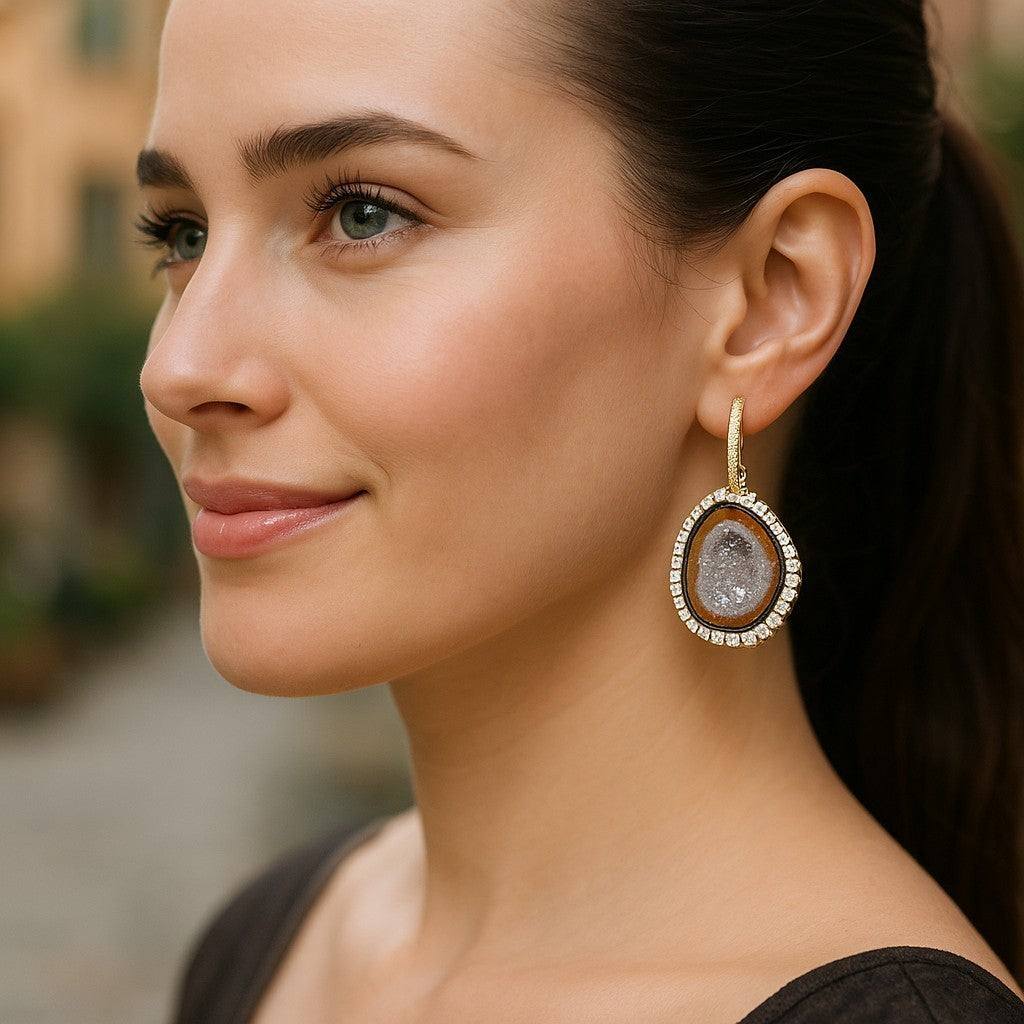 Grey Russet Tabasco Geode Druzy Earrings Diamond Style Dangle Earrings