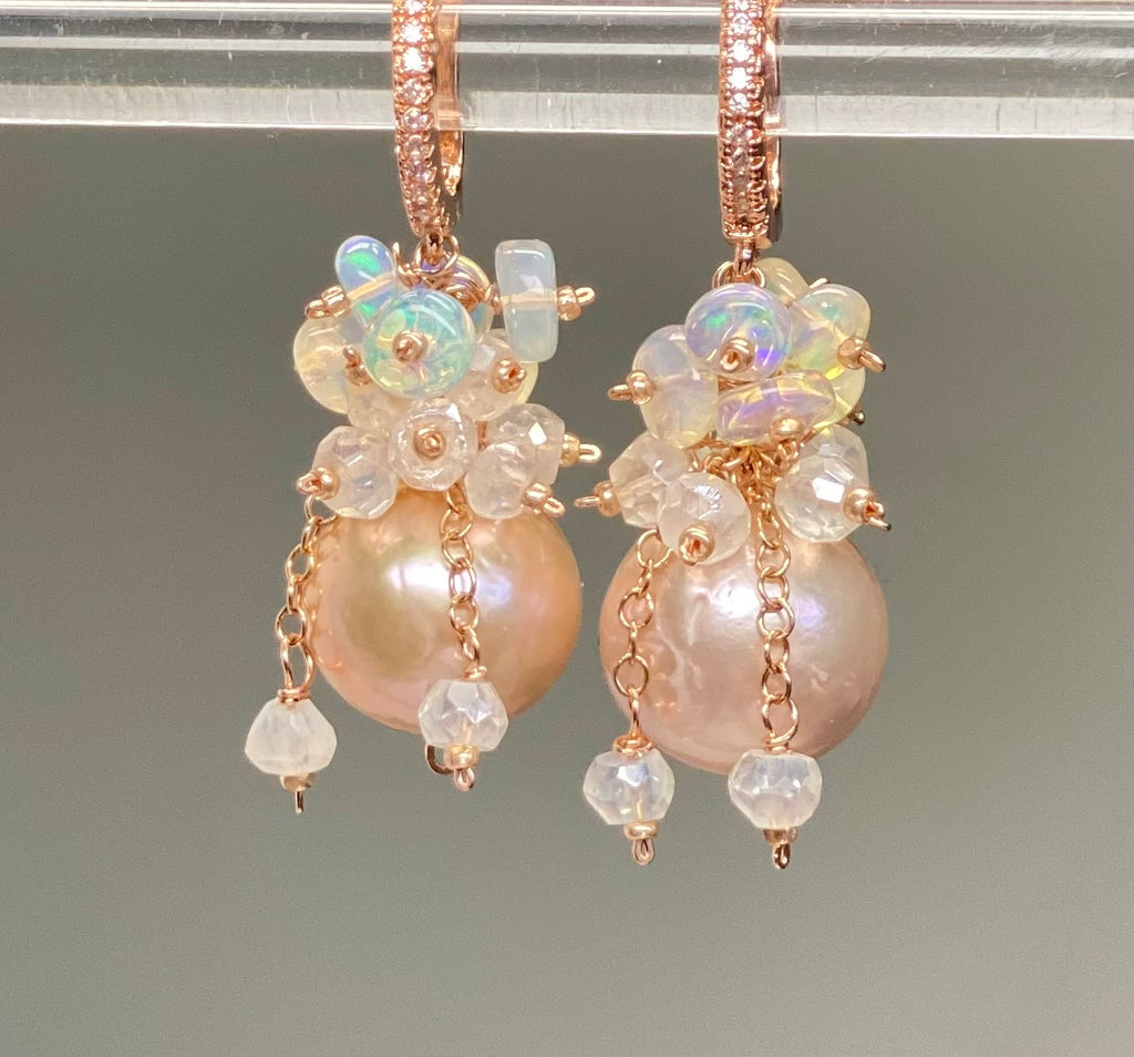 Pink Blush Pearl Opal Cluster Earrings Rose Gold