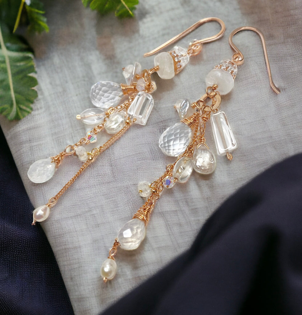 Rose Gold Boho Dangle Earrings with Crystal Quartz & Moonstone