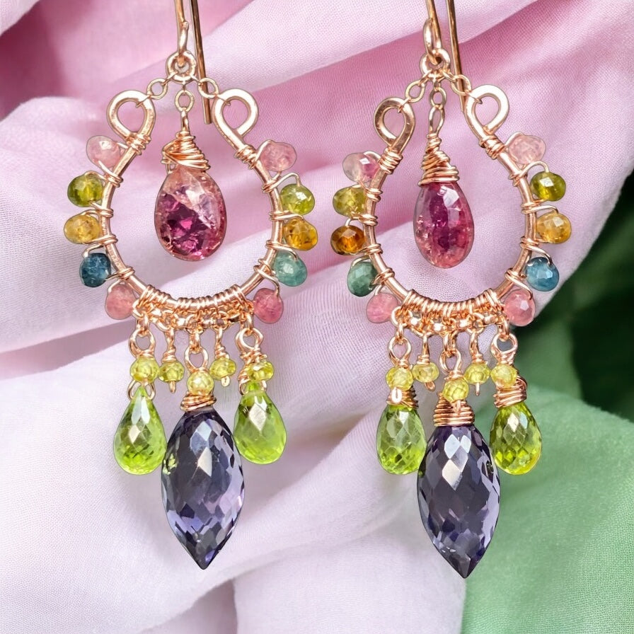 Rose Gold Chandelier Earrings: Pink Tourmaline, Peridot, Amethyst