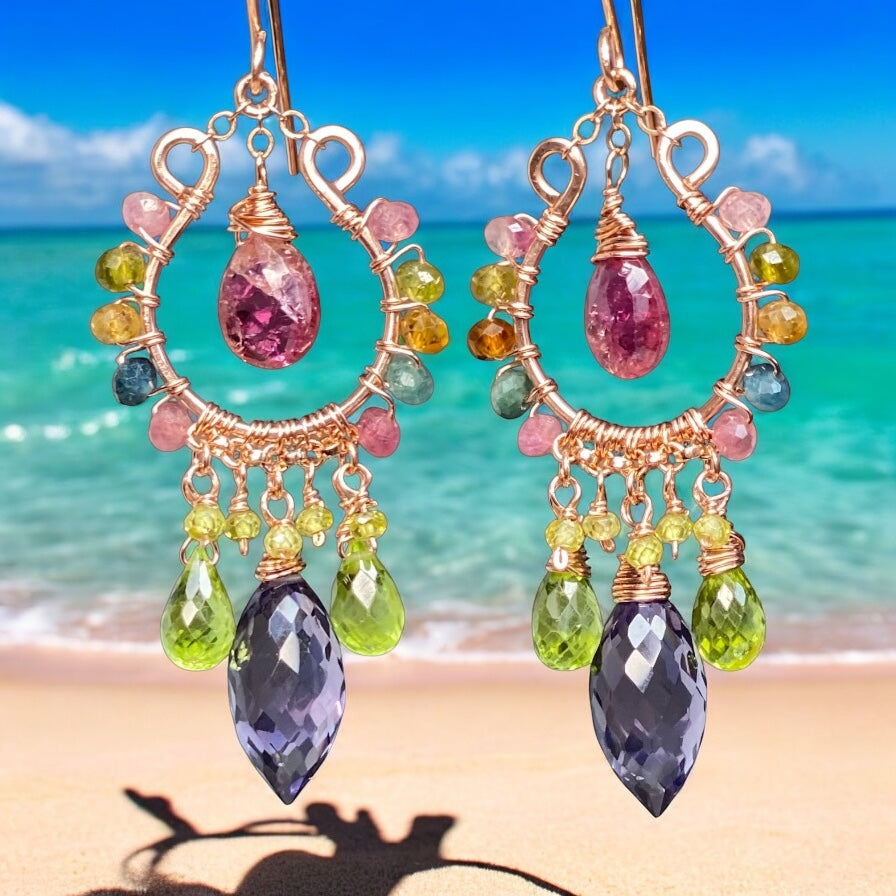 Rose Gold Chandelier Earrings: Pink Tourmaline, Peridot, Amethyst