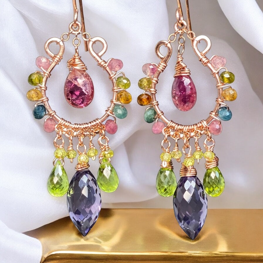 Rose Gold Chandelier Earrings: Pink Tourmaline, Peridot, Amethyst