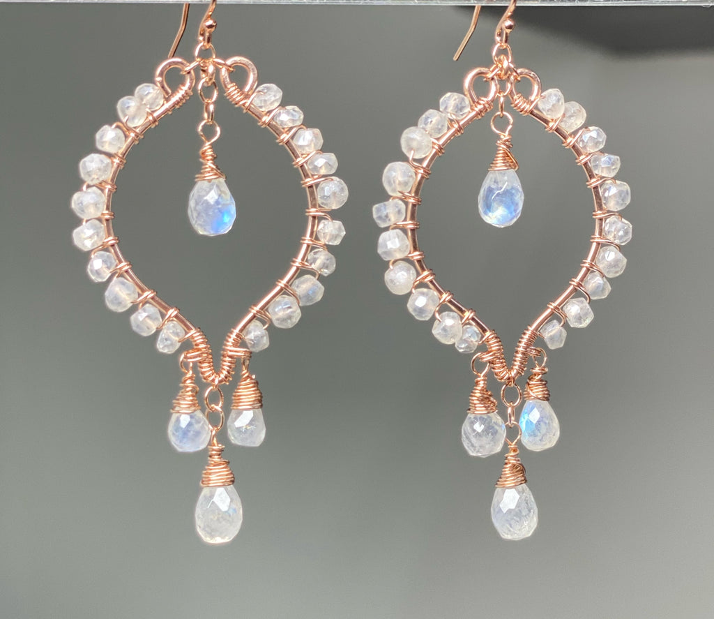 Rose Gold Hoop Earrings Rainbow Moonstone Mystic Crystal