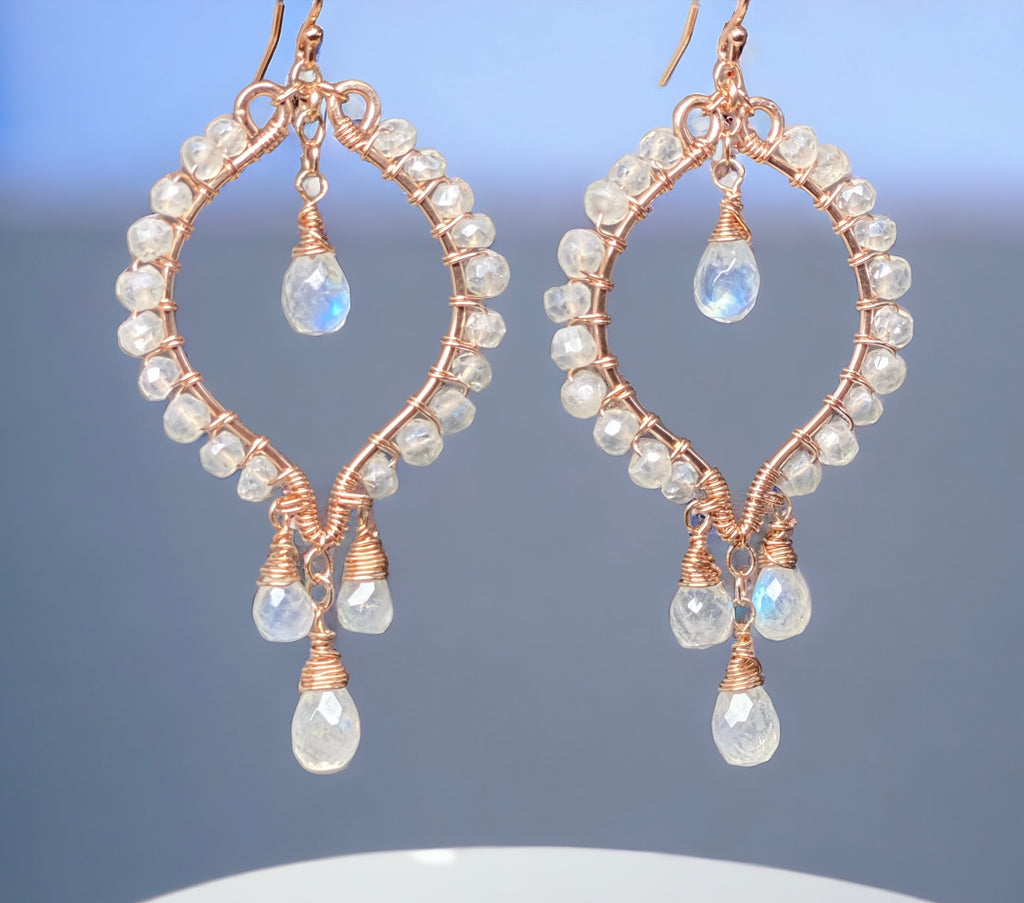 Rose Gold Hoop Earrings Rainbow Moonstone Mystic Crystal