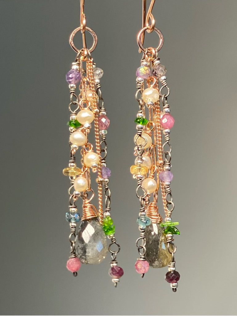 Labradorite Gemstone Dangle Earrings, Tassel Style: Gold Fill, Rose Gold, Silver, Mixed Metal