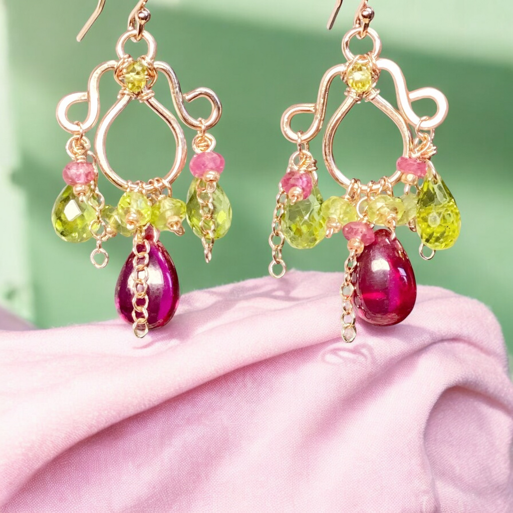 Rubellite and Peridot Rose Gold Chandelier Earrings - Pink and Green