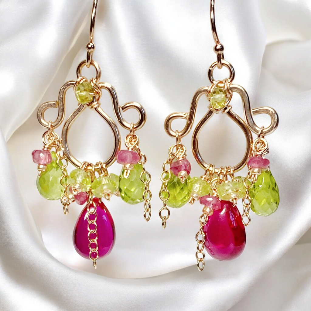 Rubellite and Peridot Rose Gold Chandelier Earrings - Pink and Green