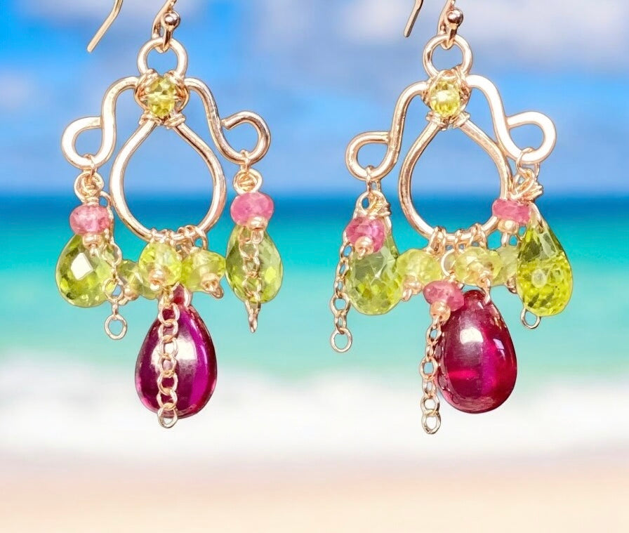 Rubellite and Peridot Rose Gold Chandelier Earrings - Pink and Green