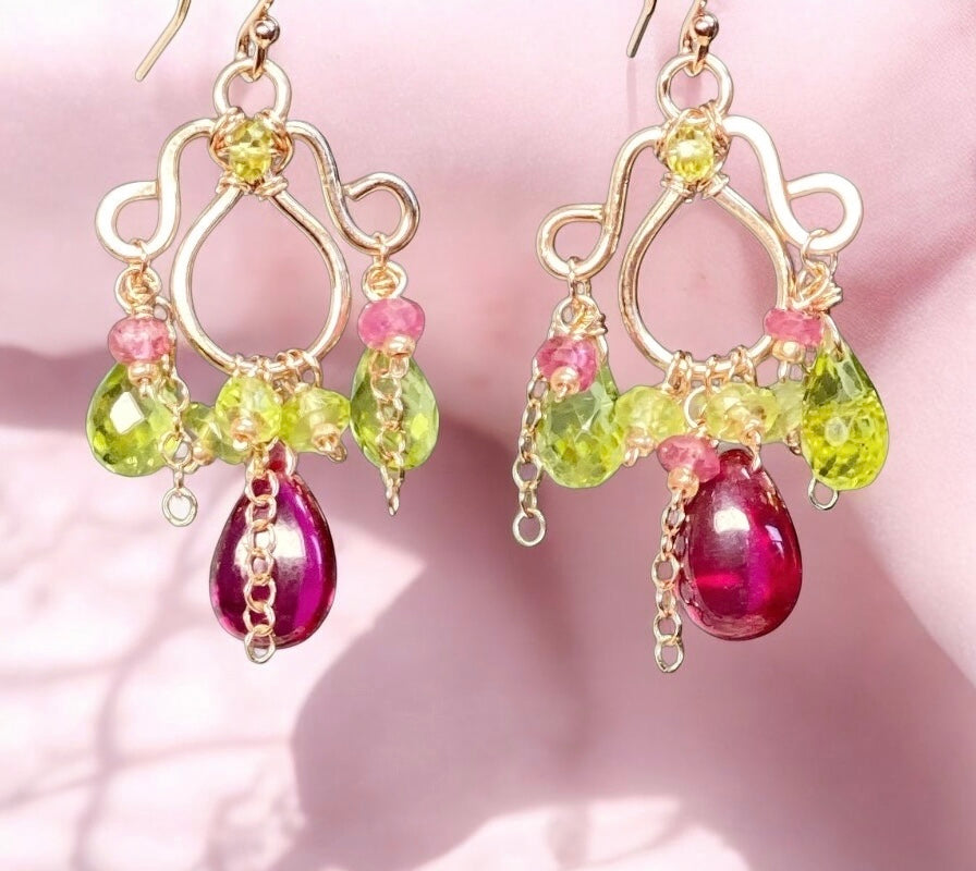 Rubellite and Peridot Rose Gold Chandelier Earrings - Pink and Green