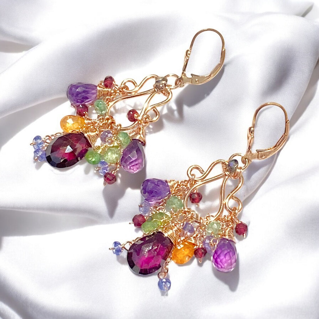 Rose Gold Chandelier Earrings Rhodolite Garnet Amethyst Lever Back