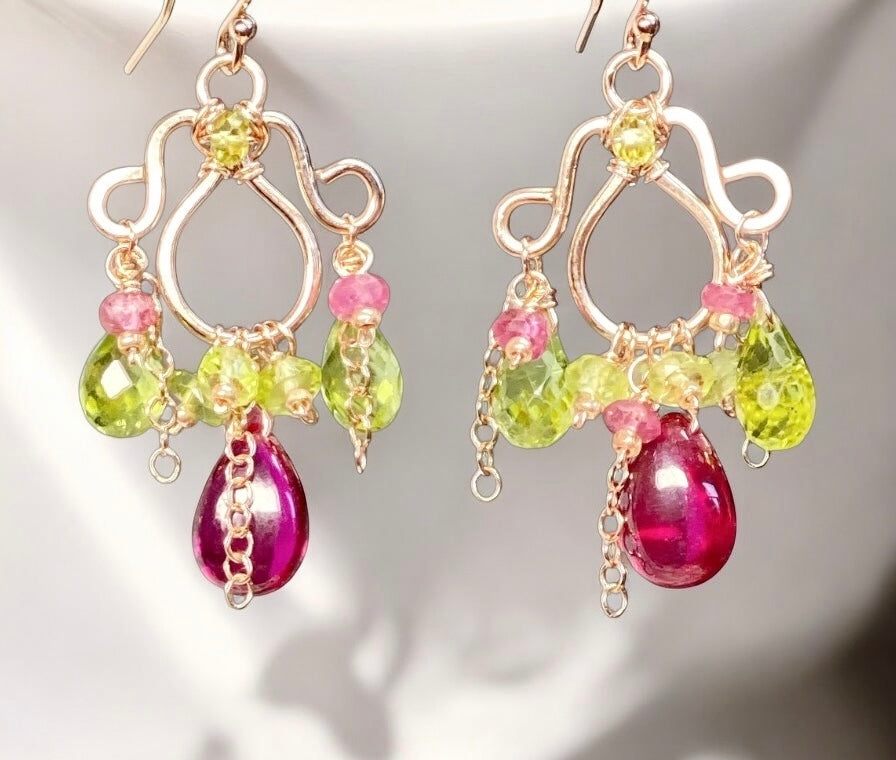 Rubellite and Peridot Rose Gold Chandelier Earrings - Pink and Green