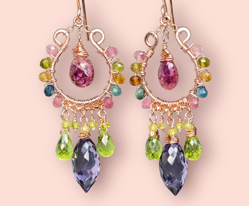 Rose Gold Chandelier Earrings: Pink Tourmaline, Peridot, Amethyst