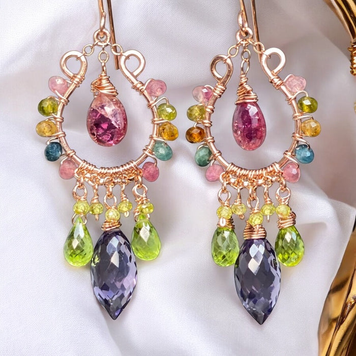 Rose Gold Chandelier Earrings: Pink Tourmaline, Peridot, Amethyst