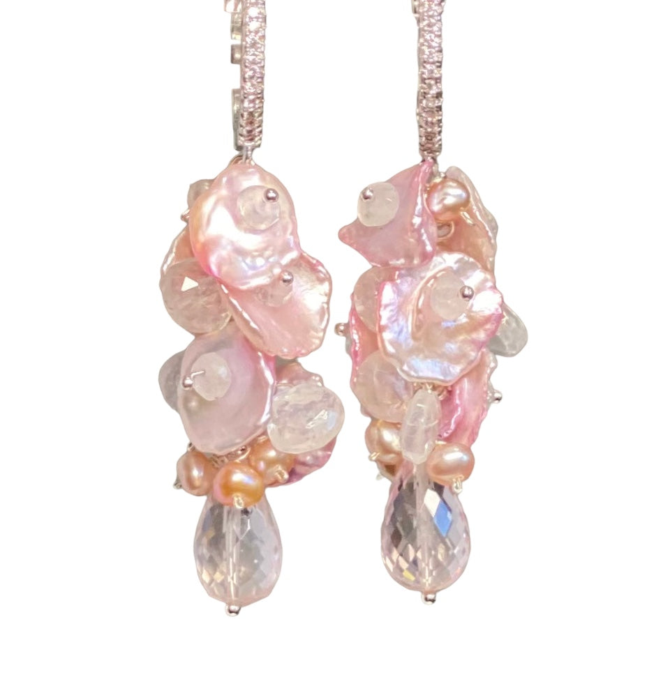 Pink Rose Quartz, Moonstone, Keishi Pearl Cluster Earrings, Silver