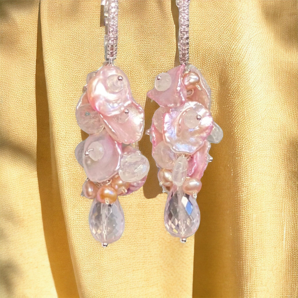 Pink Rose Quartz, Moonstone, Keishi Pearl Cluster Earrings, Silver