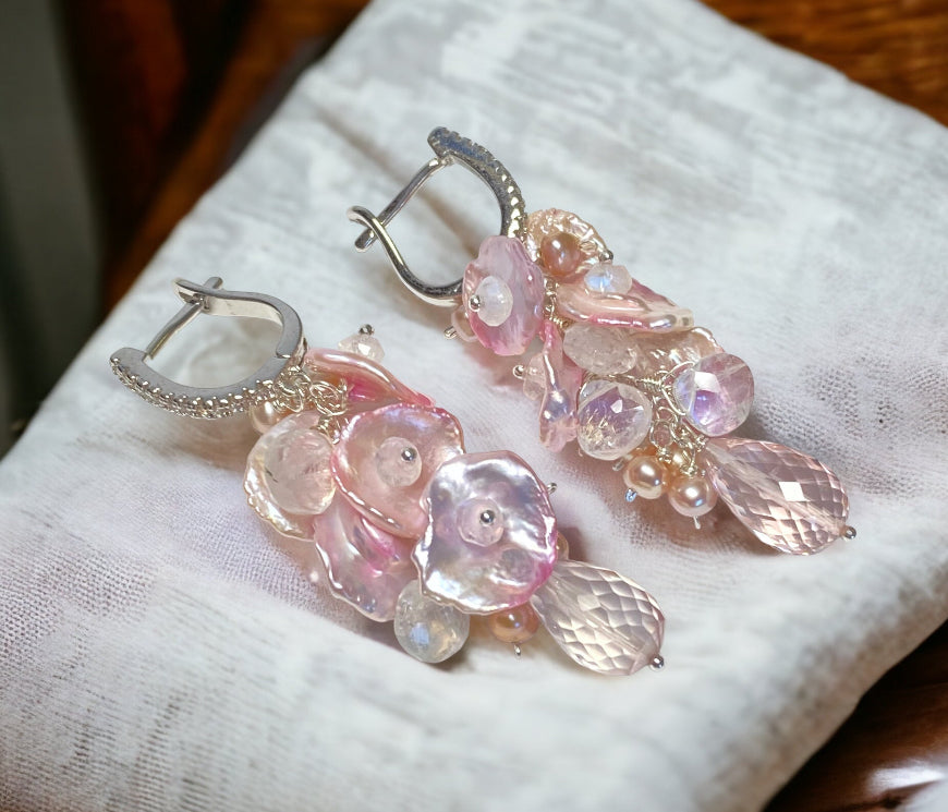 Pink Rose Quartz, Moonstone, Keishi Pearl Cluster Earrings, Silver