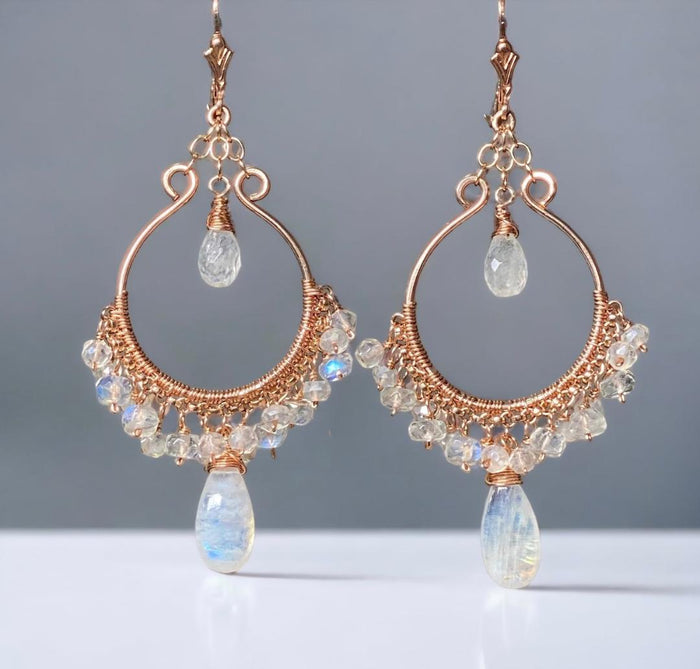 rainbow moonstone rose gold hoop chandelier earrings