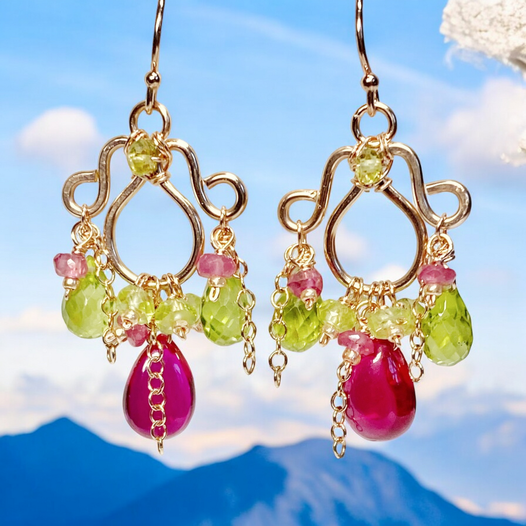 Rubellite and Peridot Rose Gold Chandelier Earrings - Pink and Green