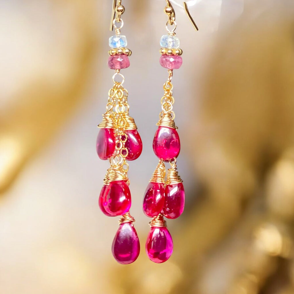 Pink Rubellite Tassel Earrings, Gold Fill