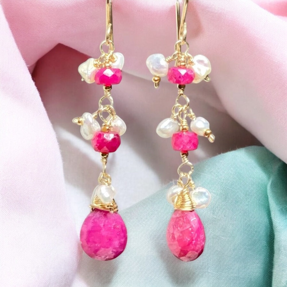 Ruby Dangle Earrings with Pearls Gold Fill