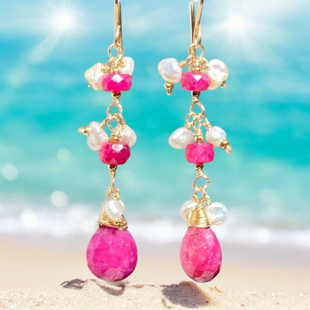 Ruby Dangle Earrings with Pearls Gold Fill