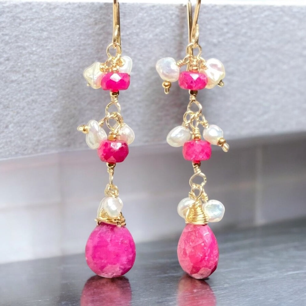 Ruby Dangle Earrings with Pearls Gold Fill