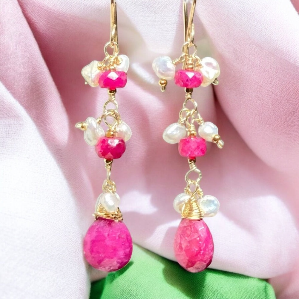 Ruby Dangle Earrings with Pearls Gold Fill