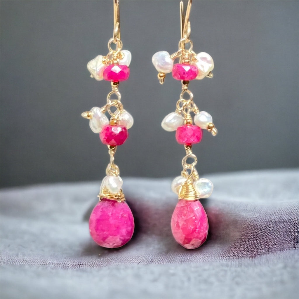 Ruby Dangle Earrings with Pearls Gold Fill