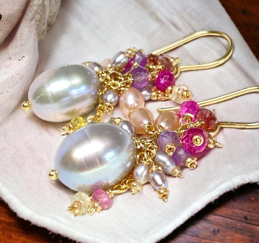 silver grey pearl with pink lavender grey pearl gem clusters gold fill