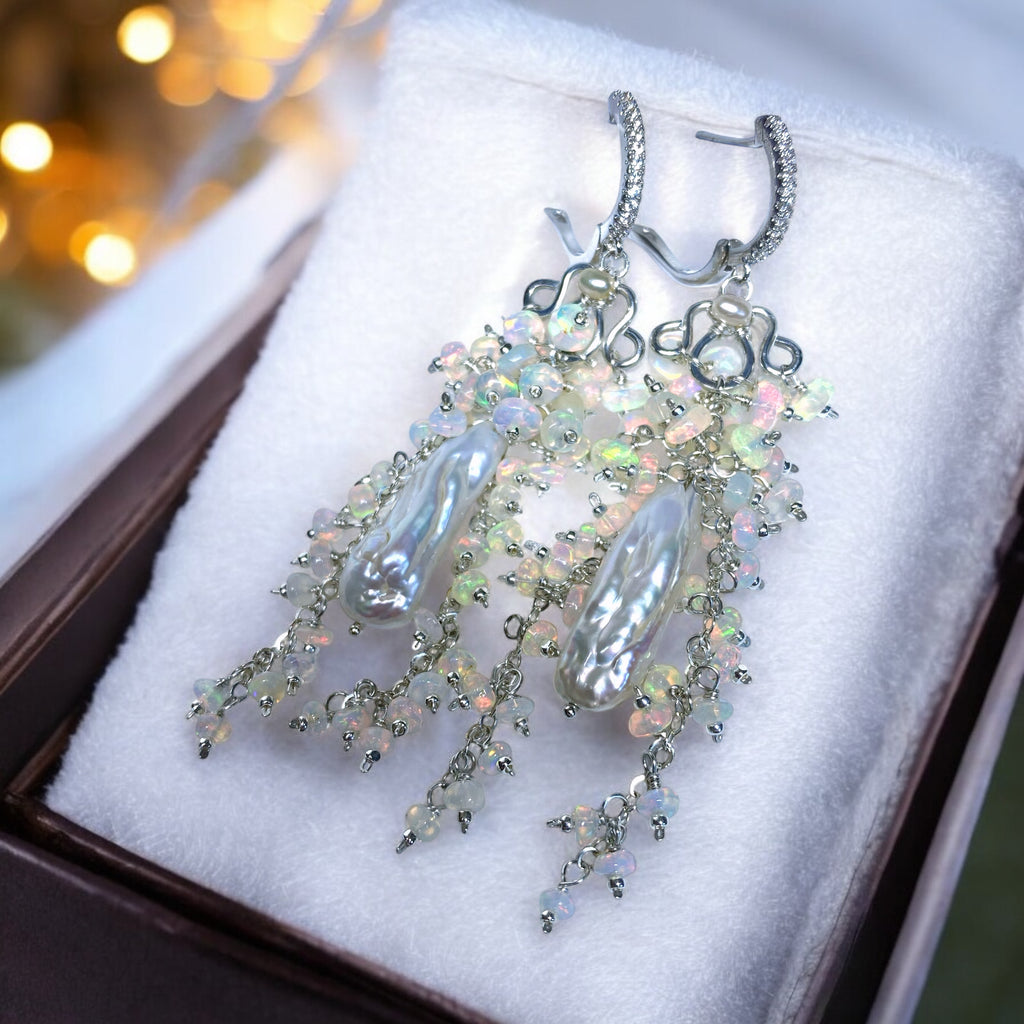 Handmade Bridal Chandelier Earrings with Opals, Sterling Silver 2