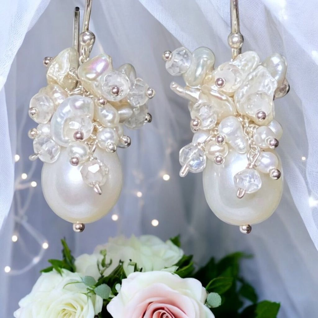 Baroque Pearl Bridal Cluster Earrings Sterling Silver