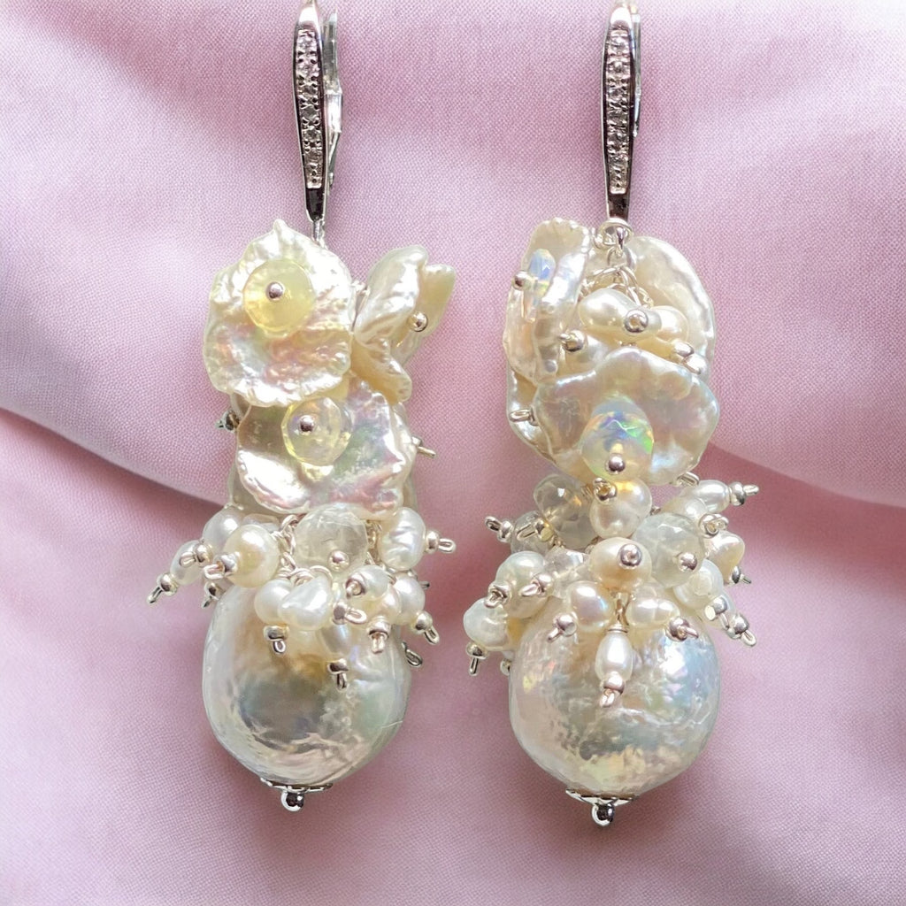 Baroque Pearl Cluster Bridal Earrings White Keishi and Opal Cascade