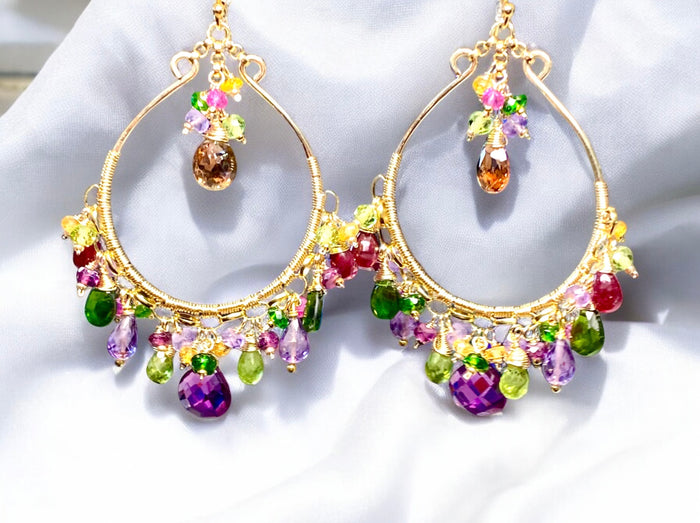 Statement Multi Gemstone Chandelier Hoop 14k Gold Fill Earrings - Violet, Green, Pink